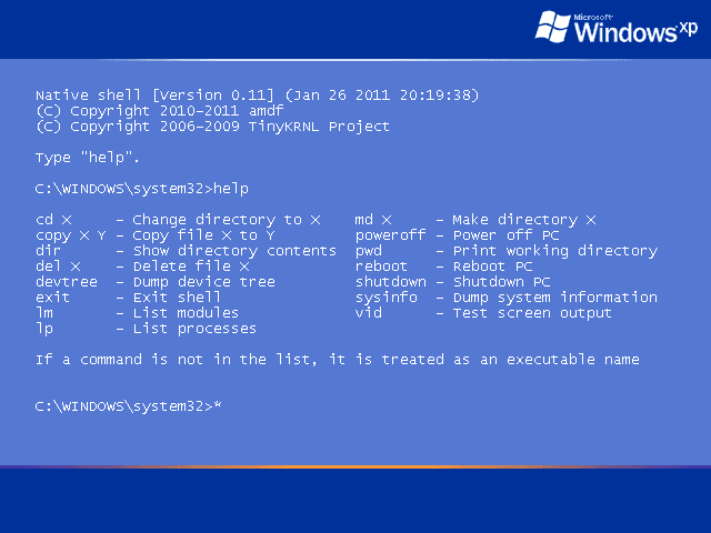 Экран native режима Windows XP c запущенным приложением Native shell